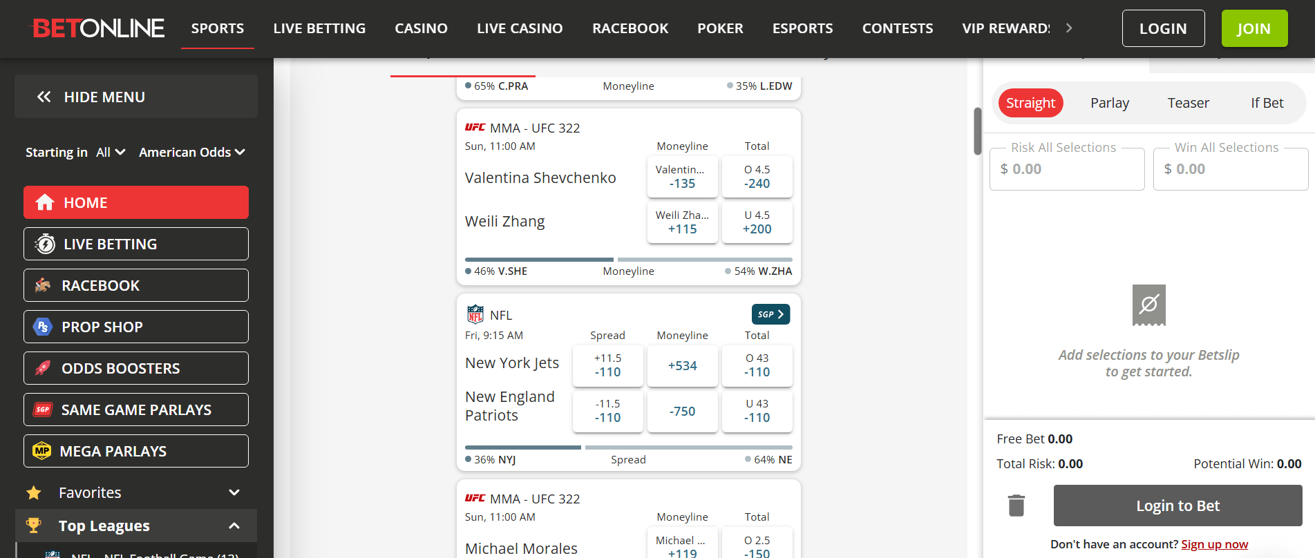 Homepage of BetOnline poker platform showing cash games and tournament play